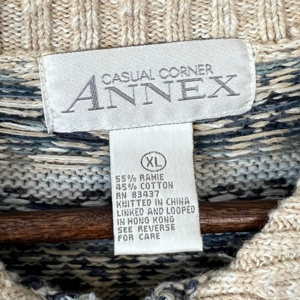 Casual Corner Annex Vintage XL Fair Isle Knit Zip Up Cardigan Sweater Blue Cream - Picture 3 of 12